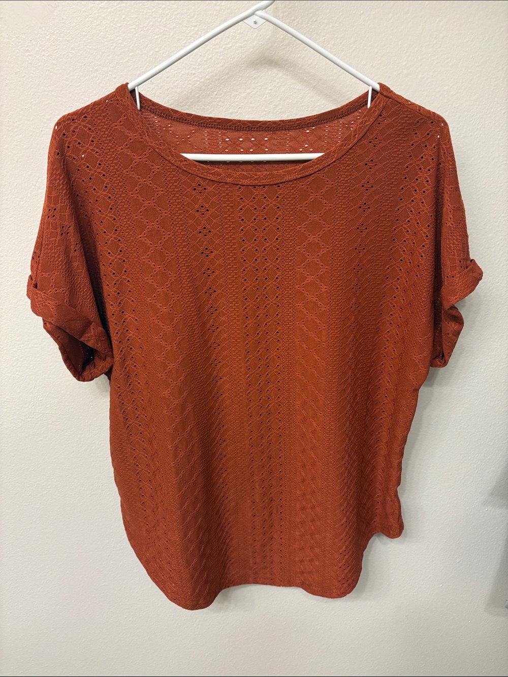 SHEIN Rust Eyelet Knit Short Sleeve Tee